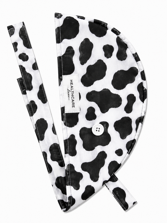🖤 Black & White Cow Print Satin-Lined Scrub Cap